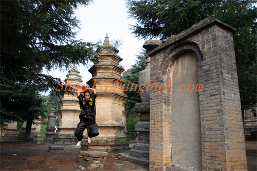Student performing Shaolin sword at Pagoda forest of Monastery